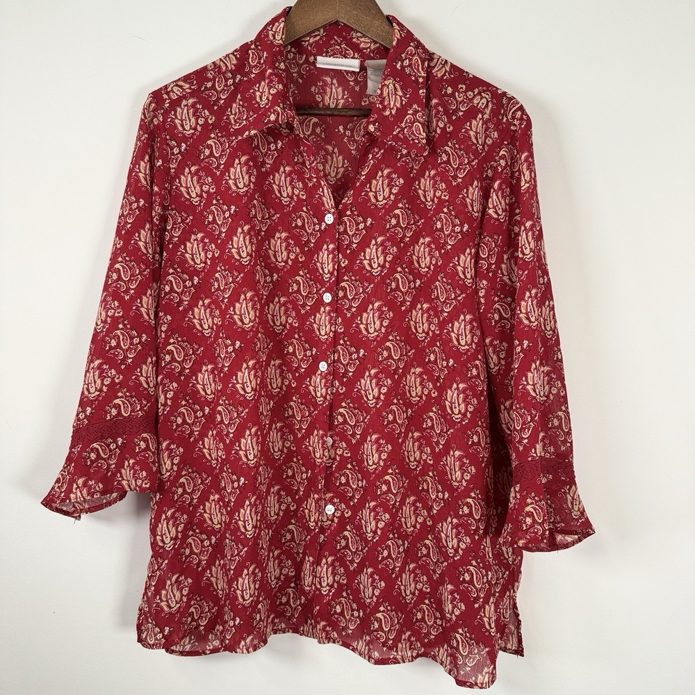 Liz Claiborne Women's Blouse‎ Button Down Shirt Sheer Paisley Crinkled Size 14W